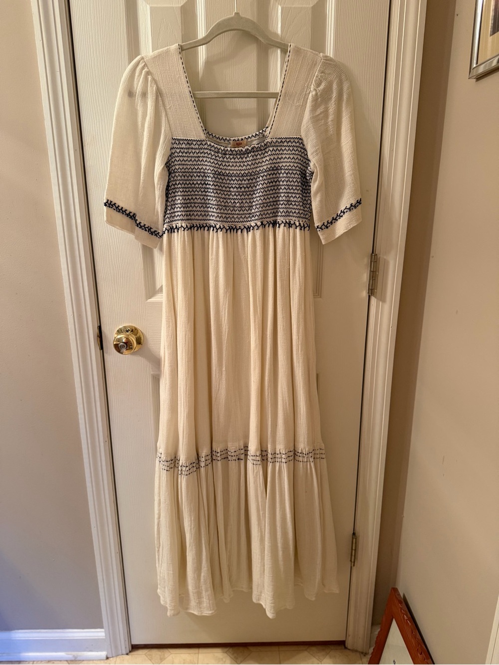 Reba Cream Dress with Navy Embroidery